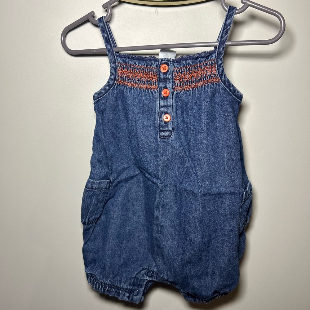 Carter's Blue Denim Romper With Orange Accents